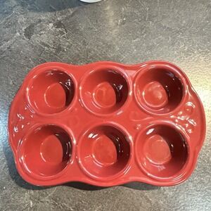 6 Round Cupcake Muffin Red Glazed Stoneware Baking Dish Cottagecore